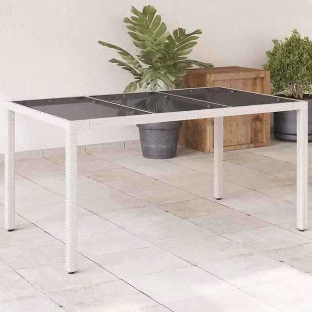 Berkfield Home Modern White Poly Rattan Garden Table with Glass Top, W/D/H: 150 x 90 x 75 cm