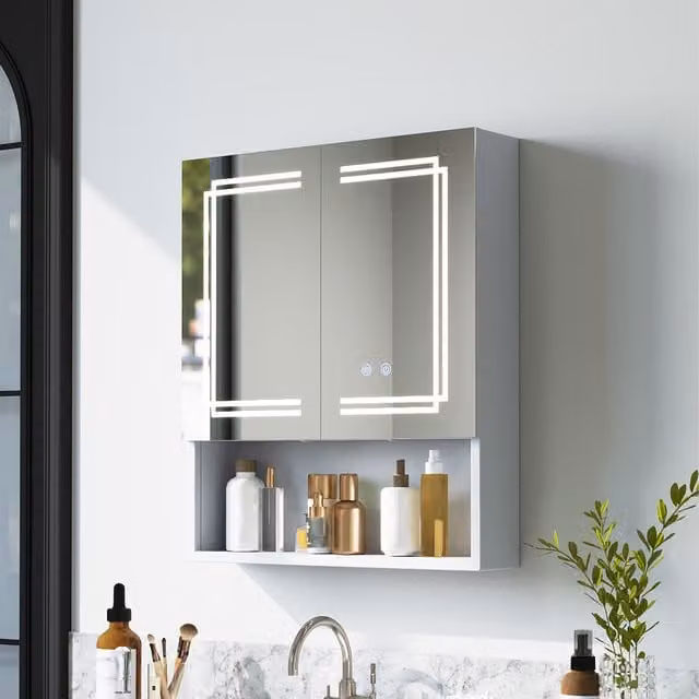 Livingandhome Modern White and Silver LED Bathroom Mirror Cabinet with Double Hinged Doors, Integrated Lighting, Sensor Switch and Anti-Fog Feature