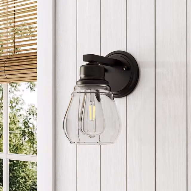Livingandhome Industrial Black Metal and Glass Wall Light for Hallway and Bathroom, Diameter: 13.7 cm
