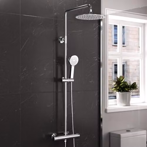 Nes Home Exposed Thermostatic Mixer Shower Set with Overhead Shower and Handheld Shower in Matte Black and Chrome – 1