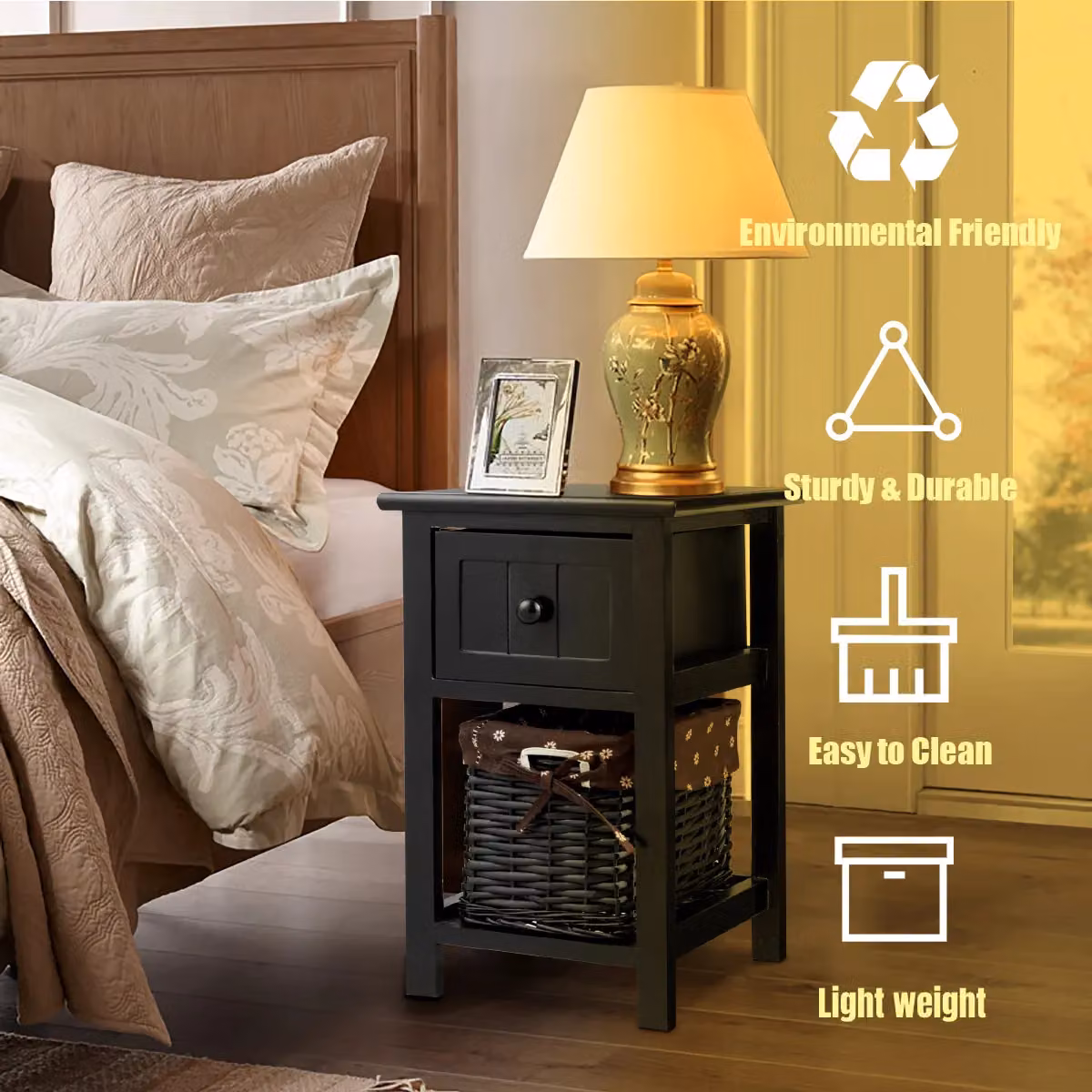 Costway Set of 2 Black Modern Nightstands with Removable Rattan Baskets – 3