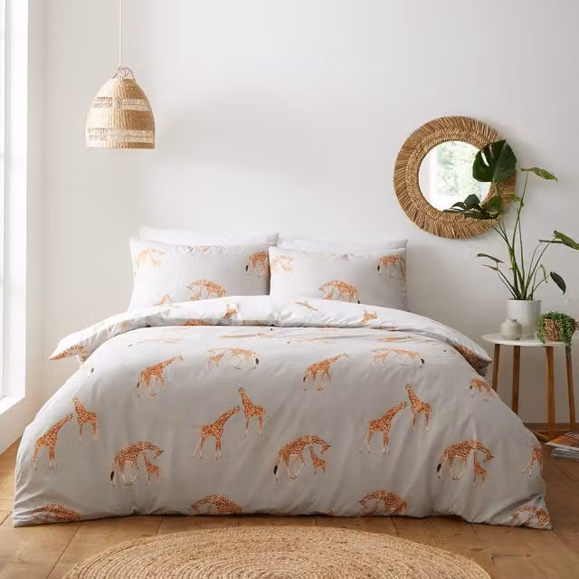 My Home Reversible Giraffe Graphic Duvet Cover for Children, White, W: 140 cm, L: 200 cm