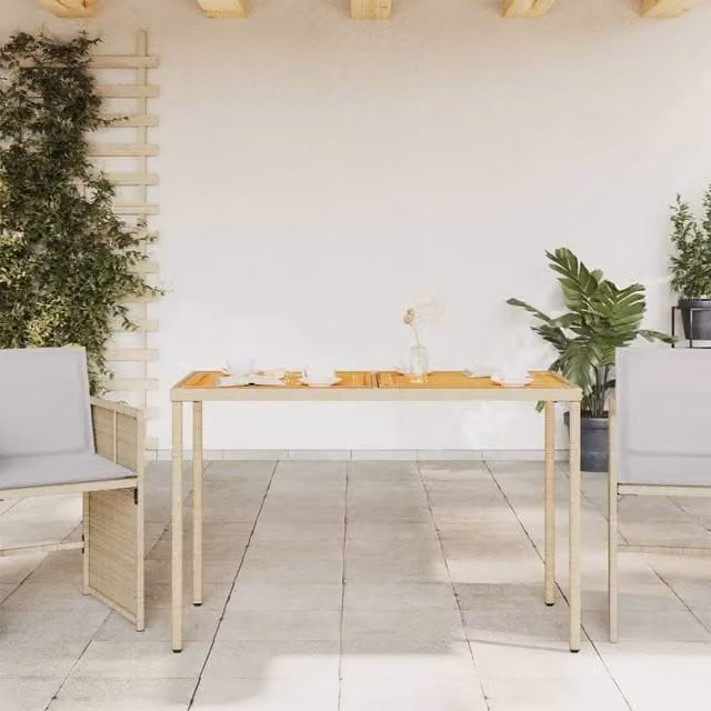 Berkfield Home Rectangular Garden Table with Beige Poly Rattan and Oiled Acacia Wood Top, W/D/H: 115 x 54 x 74 cm