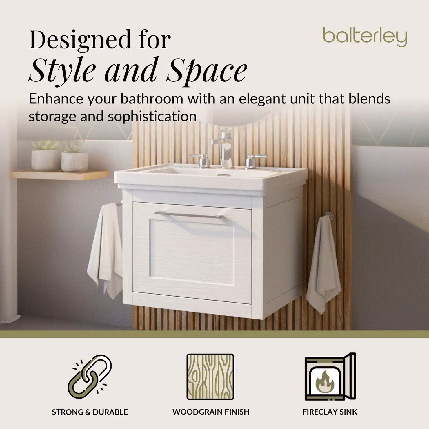 Balterley Wall Hung 1 Drawer Vanity Unit and 3TH Fireclay Basin, White, W: 60 cm – 2