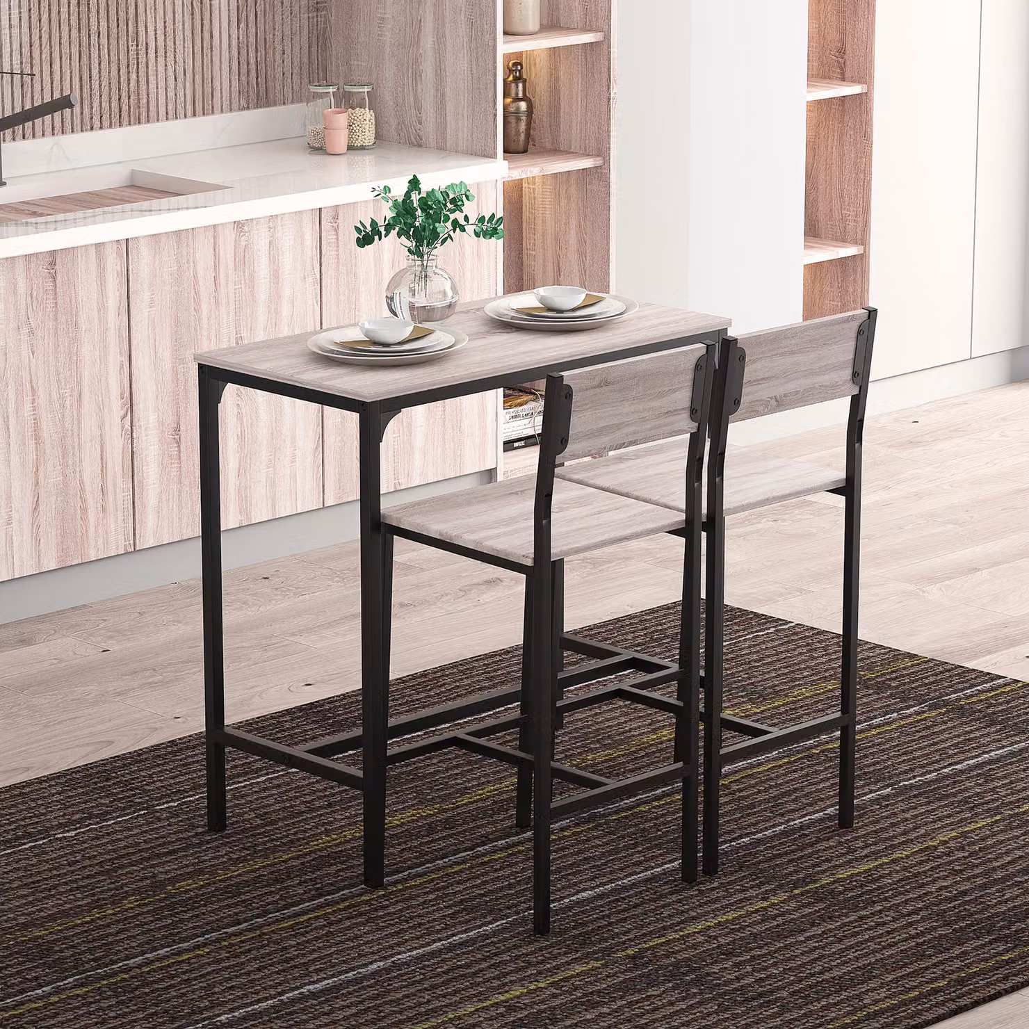 HOMCOM Set of 3 Industrial Style Table Stools with Black Metal Frame and Oak Tone MDF Panels – 4