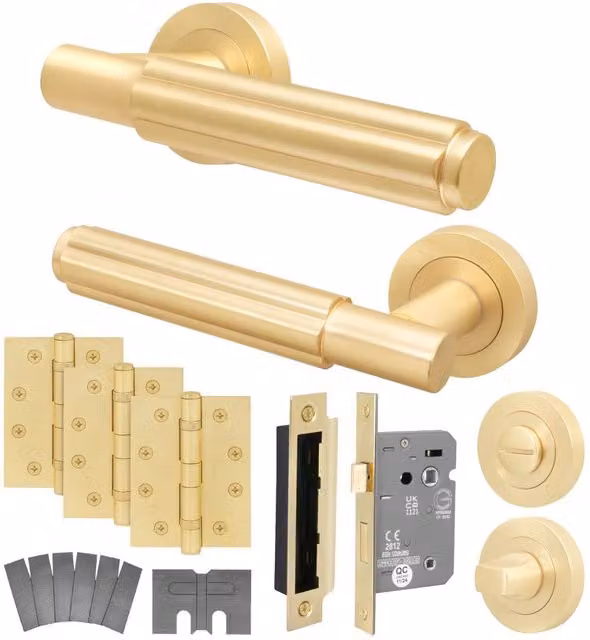 AFIT Gold Brass Fire Door Handle and Bathroom Lock Set with Hinges – 1