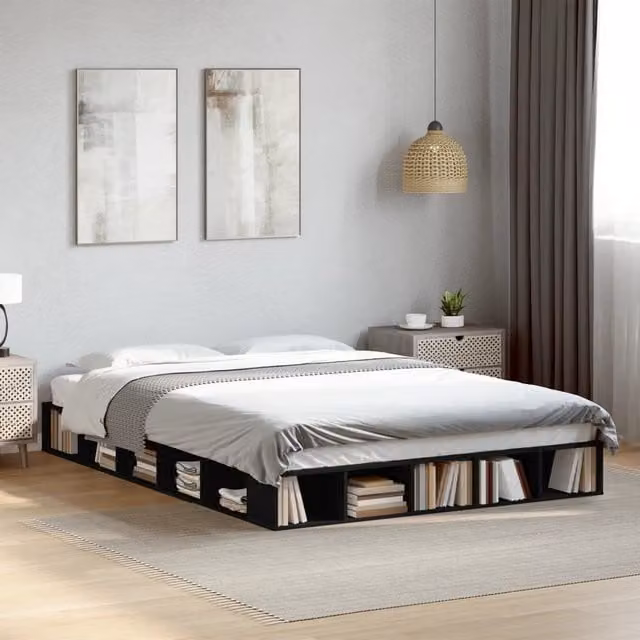 Berkfield Home Black Engineered Wood Bed Frame with Side Compartments W/D/H: 160 x 200 cm