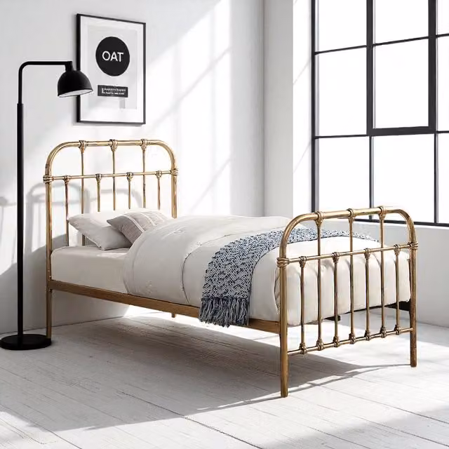 OAT Home Industrial Lacquered Metal Bed Frame in Gold, W/D/H: 90 x 190 cm