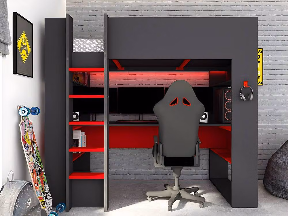 Vente-unique NOAH Gamer Loft Bed with Desk and Built-in Storage, Grey, W/D/H: 90 x 200 cm – 3