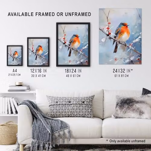 Artery8 Winter Robin Bird on Tree Branch Oil Painting Wall Art Poster Print on Thick Paper, W: 45.72 cm, H: 60.96 cm – 3