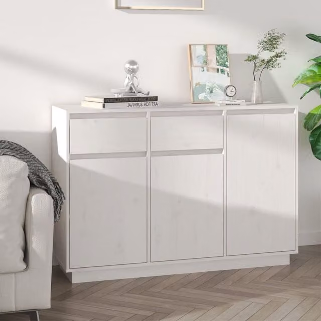 Berkfield Home White Rustic Solid Wood Pine Sideboard W: 110 cm, D: 34 cm, H: 75 cm – 1