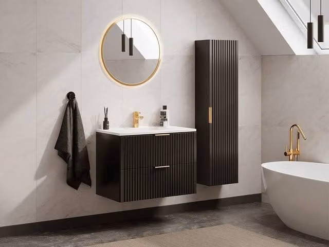 Vente-unique Ribbed Wall-Mounted Bathroom Vanity Unit and Tall Cabinet with Inset Basin in Black Matt
