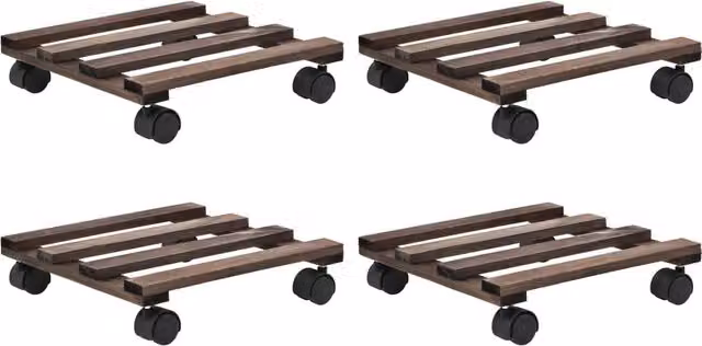 Berkfield Home 4-Piece Brown Cedar Wood Plant Rollers, W/D/H: 25 x 25 x 25 cm