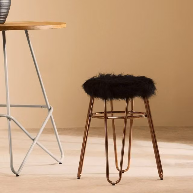 Orsina Faux Fur Cylindrical Stool with Gold Metal Frame in Black and Gold – 1