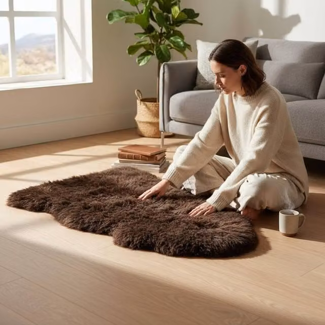 Infinity Leather Brown Natural Sheepskin Wool Single Rug, W: 90 cm, D: 60 cm