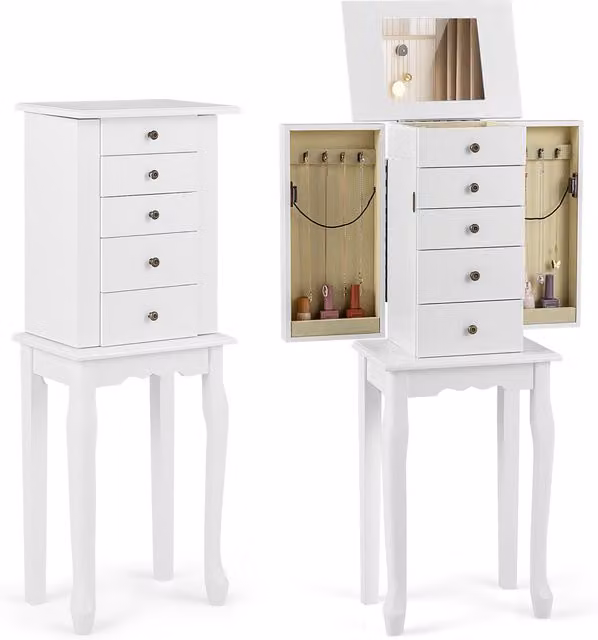 Costway Classic Freestanding Jewelry Armoire in White Matt Finish
