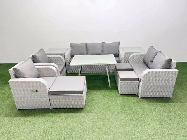 Fimous Modern Outdoor Garden Furniture Set in Light Grey with Rectangular Table, 3 Seater Sofa, Reclining Chair, 3 Stools and 2 Side Tables