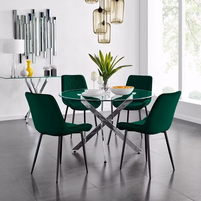 FurnitureboxUK Novara Round Glass Dining Table with Four Pesaro Green Chairs and Black Legs, Diameter: 120 cm