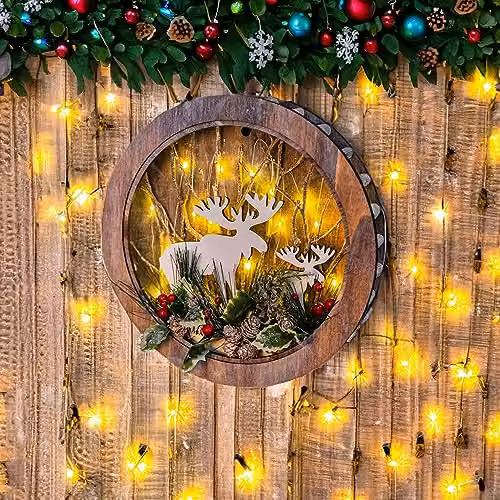 Shatchi Wooden Christmas Reindeer Scene Tabletop Centrepiece, Wreath Shape, Brown and Red, W30 x D4.5 x H30 cm – 2