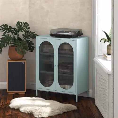 Dorel Home Luna Metal Cabinet with 2 Fluted Glass Doors, Blue, W: 80 cm, D: 40 cm, H: 102 cm – 1