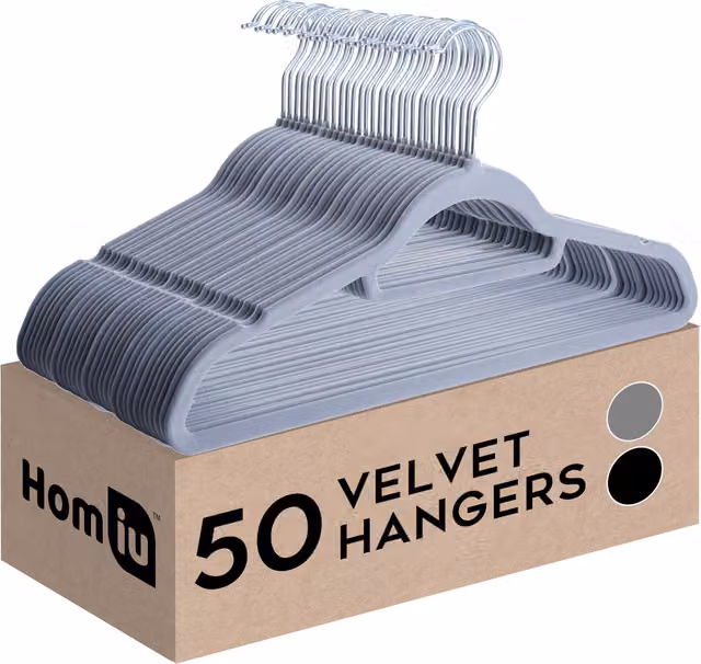 Homiu Pack of 50 Non-Slip Grey Velvet Hangers with Tie Bar and Swivel Hook