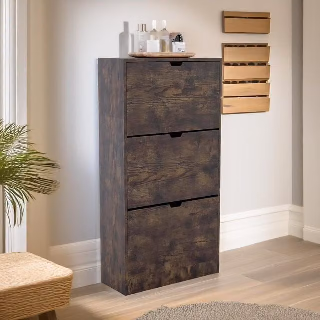 FURNOS Industrial 3 Drawer Shoe Storage Cabinet with Tilting Compartments in Brown – 1
