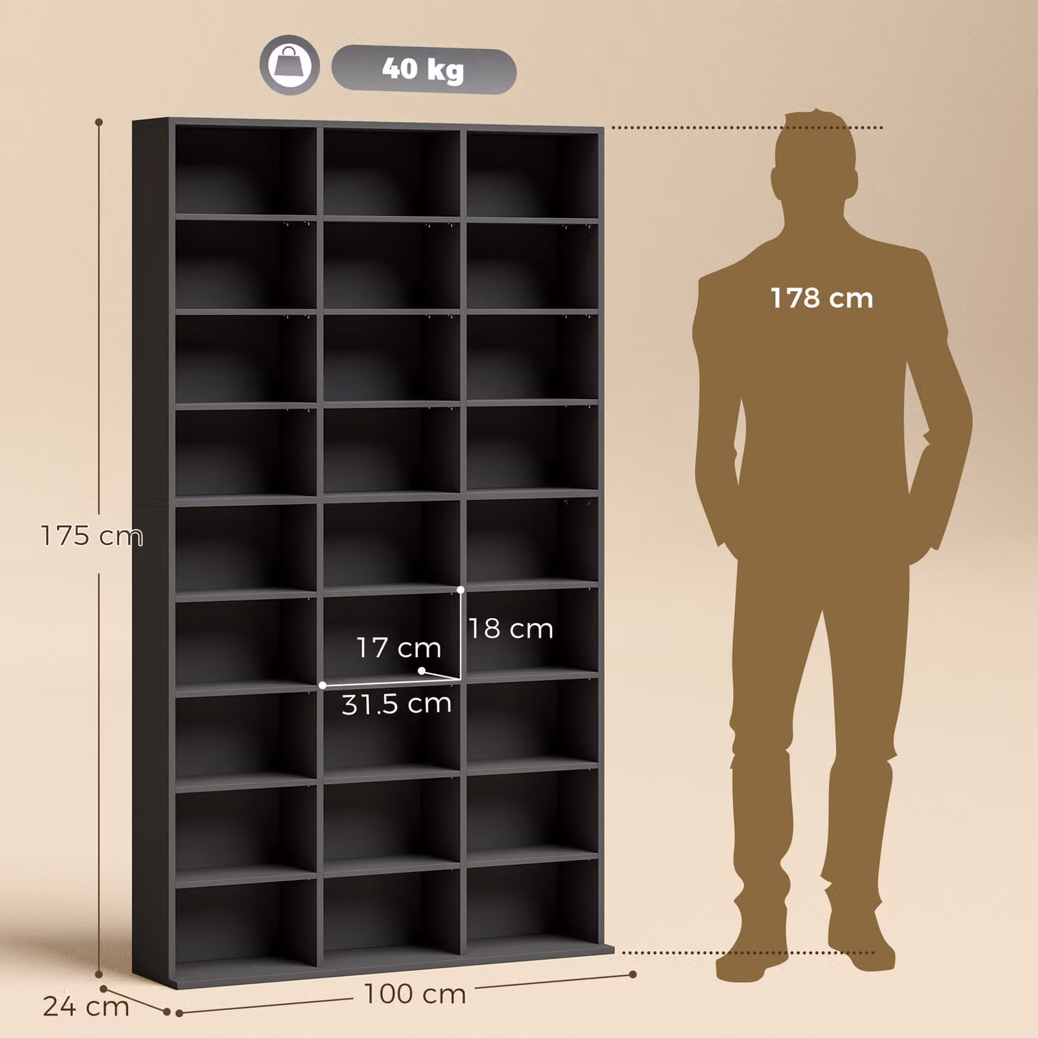 HOMCOM Black Media Storage Unit with 27 Compartments and 21 Adjustable Shelves, H: 175.0 cm, W: 100.0 cm, D: 33.6 cm – 2