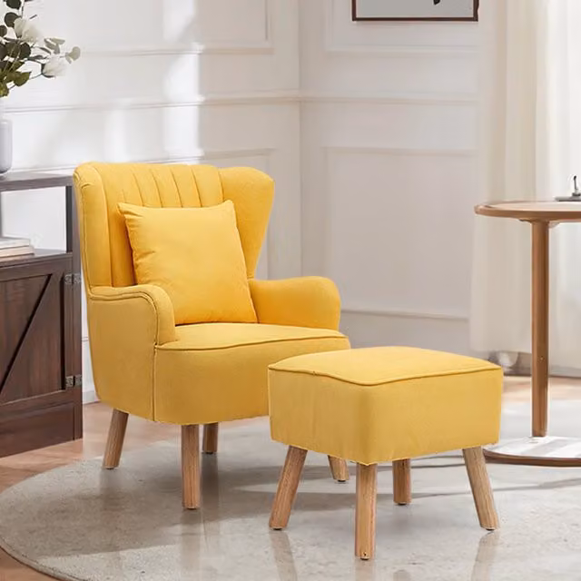 Livingandhome Mid-Century Wing Back Armchair with Ottoman and Cushion in Yellow Linen Fabric with Oak Wood Legs