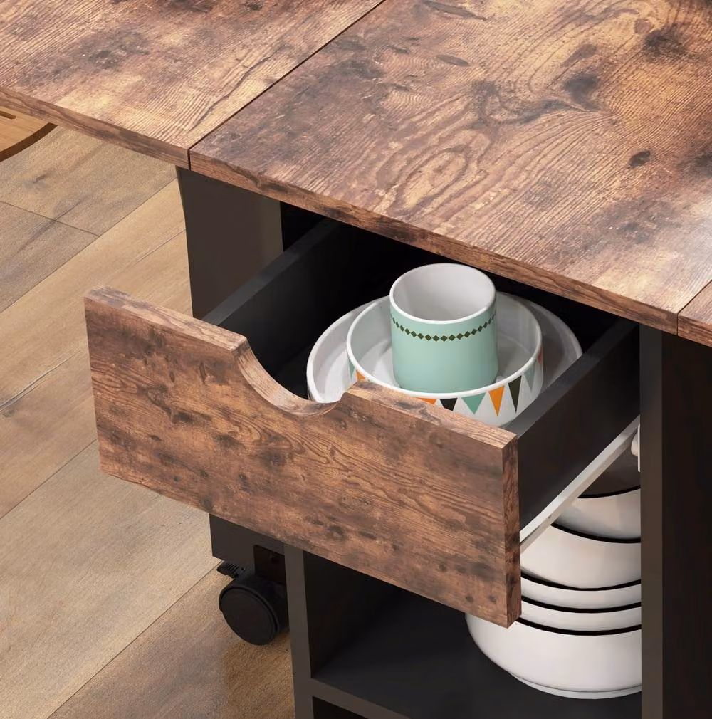 STILVORA Rustic Brown Drop Leaf Dining Table with Storage – 6