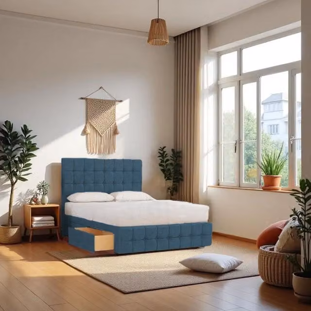 Knight Sleep Munic Plush Double Bed Set with Hybrid Mattress, 24 inch Headboard and 2 Drawers in Navy Blue Velvet Fabric, W/D/H: 140 x 200 cm
