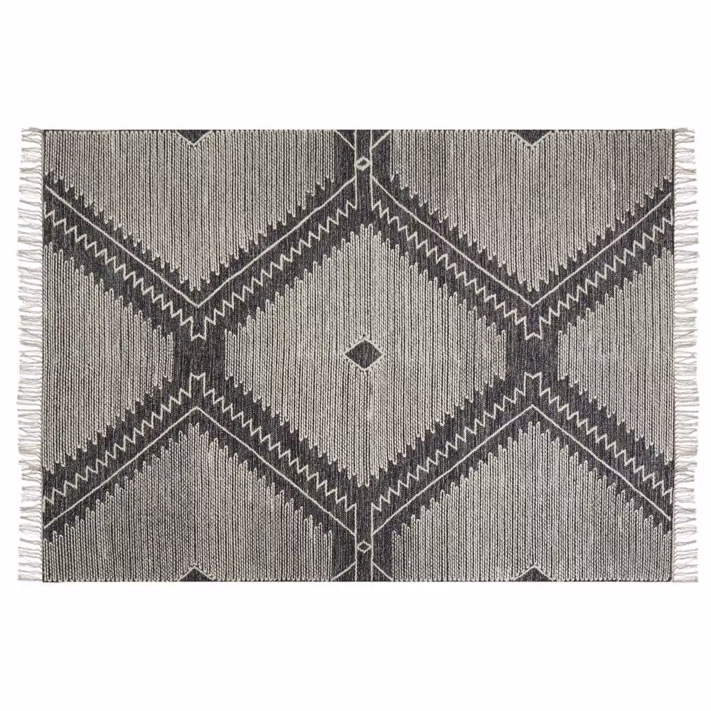 Wyld and Coco Geometric Cotton and Wool Woven Rug in White and Black with Fringes, W: 160 cm, L: 230 cm – 3