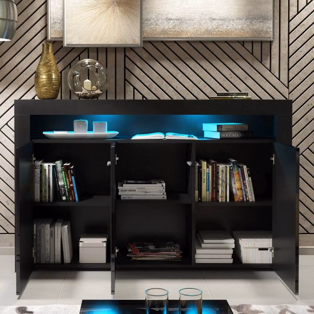 FORGEVIO Modern Black Wood TV Unit Cabinet Stand with Integrated LED Lighting – 2