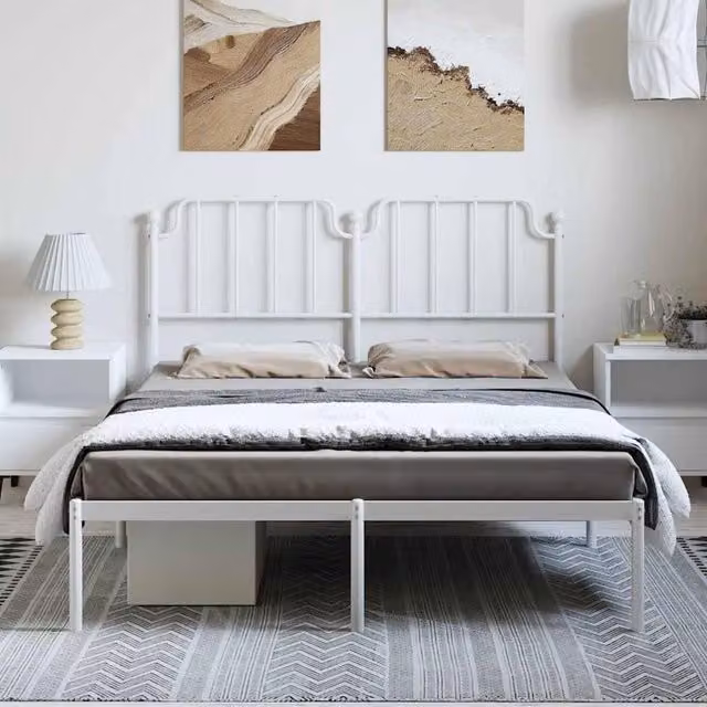 Berkfield Home Metal Bed Frame with Headboard in White, W/D/H: 150 x 200 cm – 1