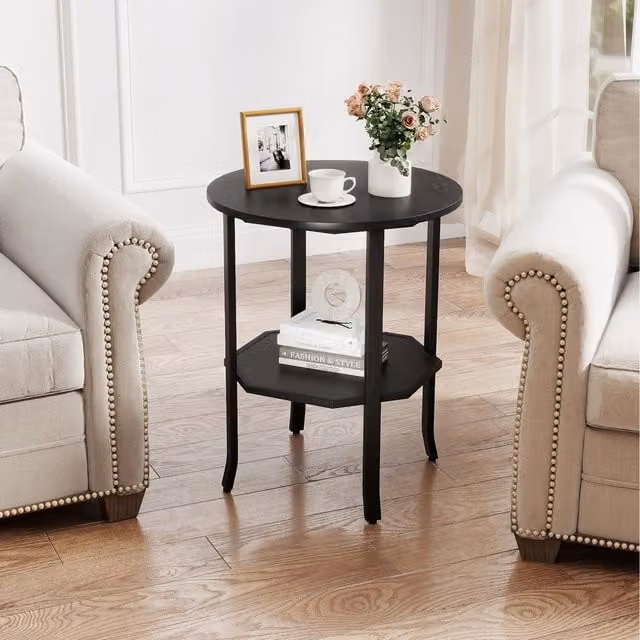 Costway 2-Tier Industrial Round End Table in Matt Black Metal