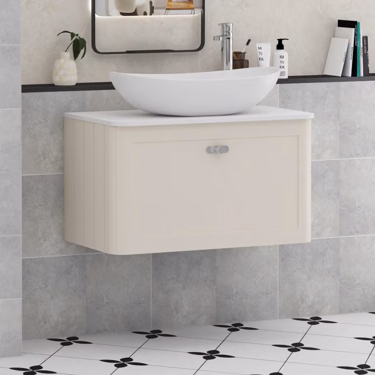 Royal Bathrooms Henley 800mm Wall Hung Vanity Unit in Mushroom Cashmere with Plain White Worktop, Cesar Basin and Chrome Knob