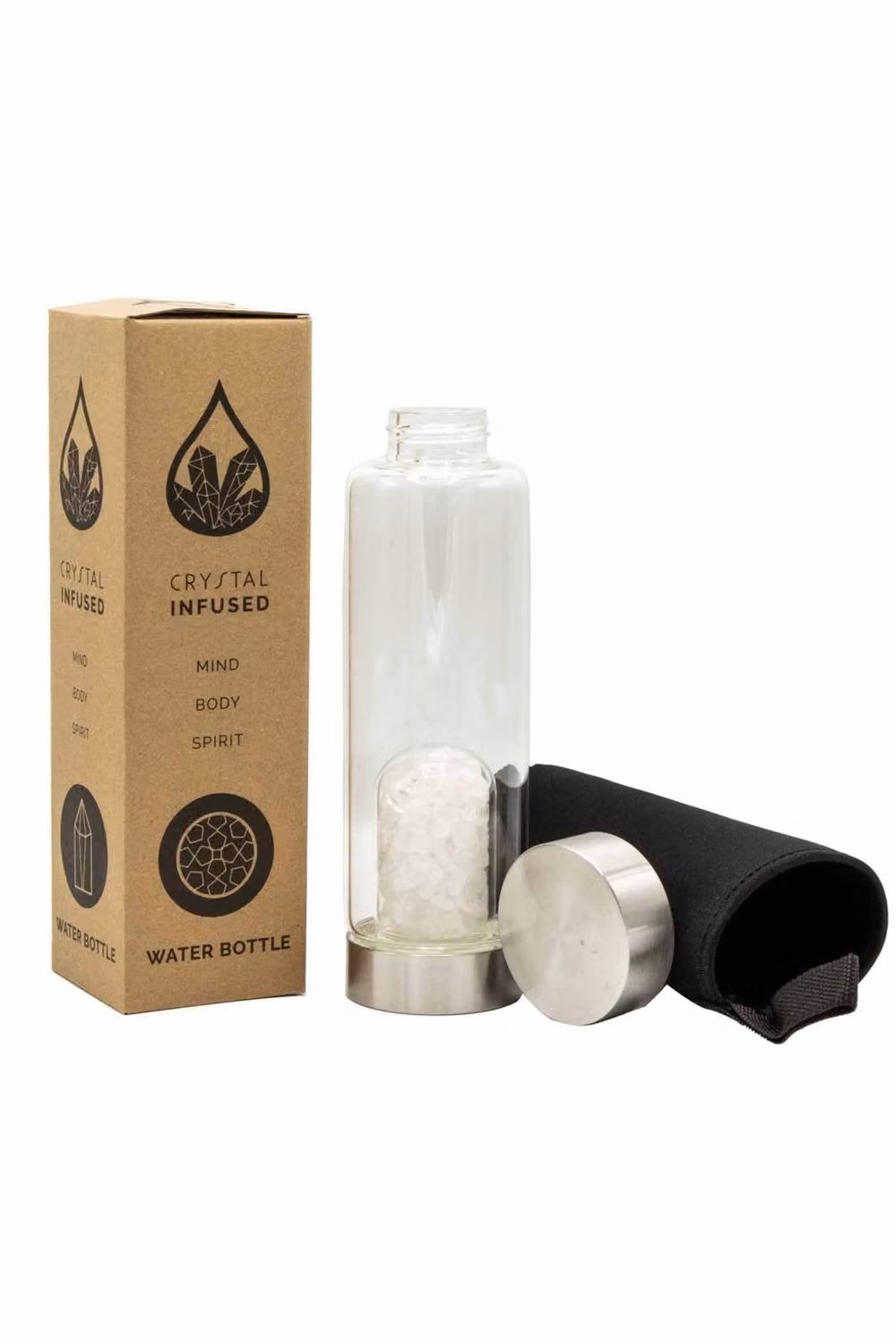 KDMD Crystal Infused Glass Water Bottle with Cleansing Clear Quartz in Silver and Transparent – 2