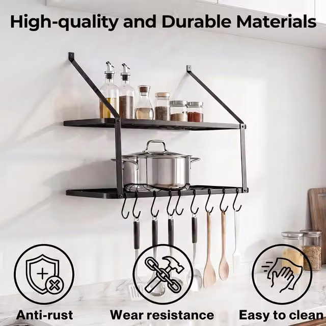 TOQUE Black Metal 2 Tier Wall Mounted Kitchen Pot and Pan Rack with Hanging Rod and 10 Hooks
