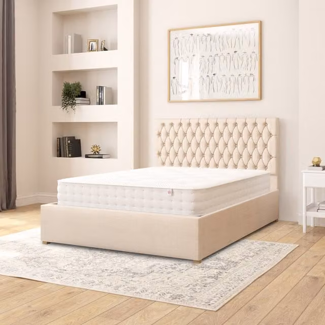 Aspire Upholstered Ottoman Storage Bed with Lift Up Base in Beige/Yellow, W/D/H: 140 x 200 cm