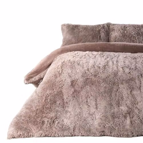OHS Fluffy Fleece Duvet Cover and Pillowcase Set, Beige Microfibre Winter Bedding, W/D/H: 220 x 230 x 180 cm