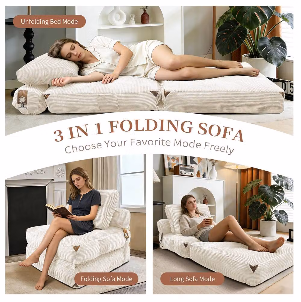 STILVORA White Striped Floor Sofa with Storage Pockets and Armrests – 6
