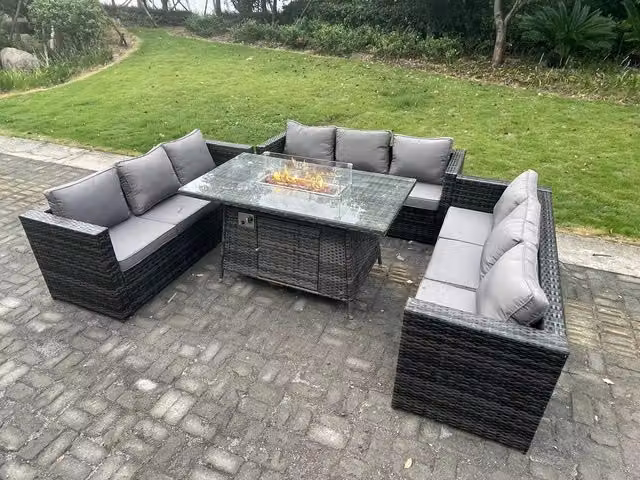 Fimous 9 Seater U Shape Rattan Garden Furniture Set with Gas Firepit and Dining Table in Dark Grey