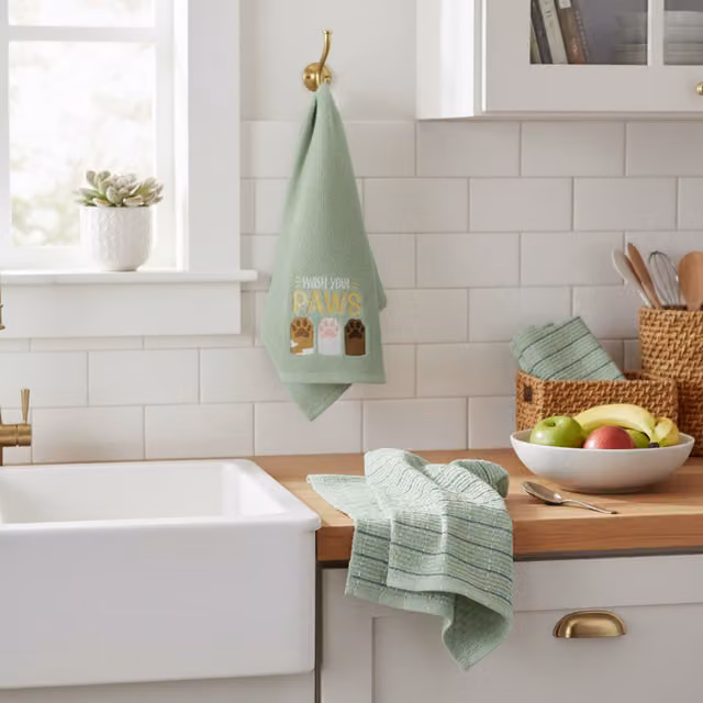 Kitchen Trends Highly Absorbent Striped Embroidered Tea Towel Set, 3 Pack, Green