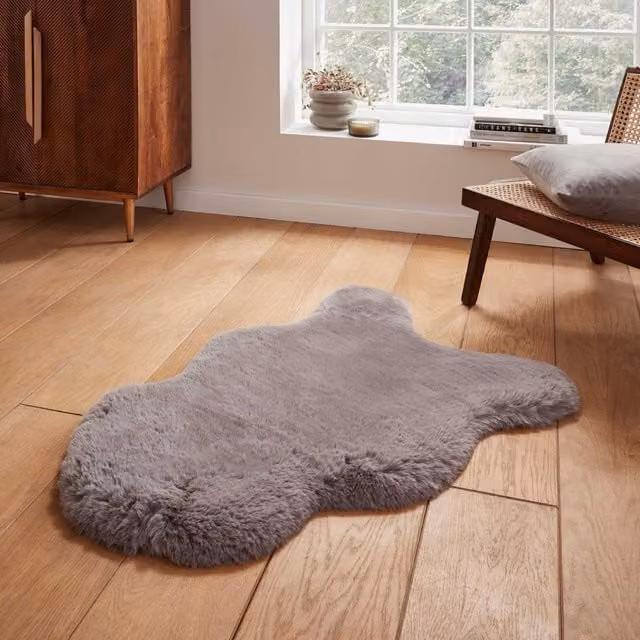 Terrys Grey Faux Fur Rectangular Rug W: 90 cm, D: 60 cm