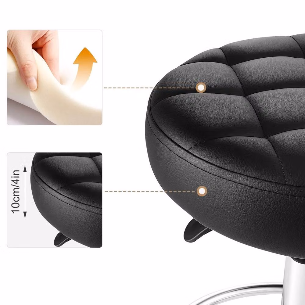 VOGREX Black PU Leather Rolling Stool with Swivel and Footrest Ring – 4