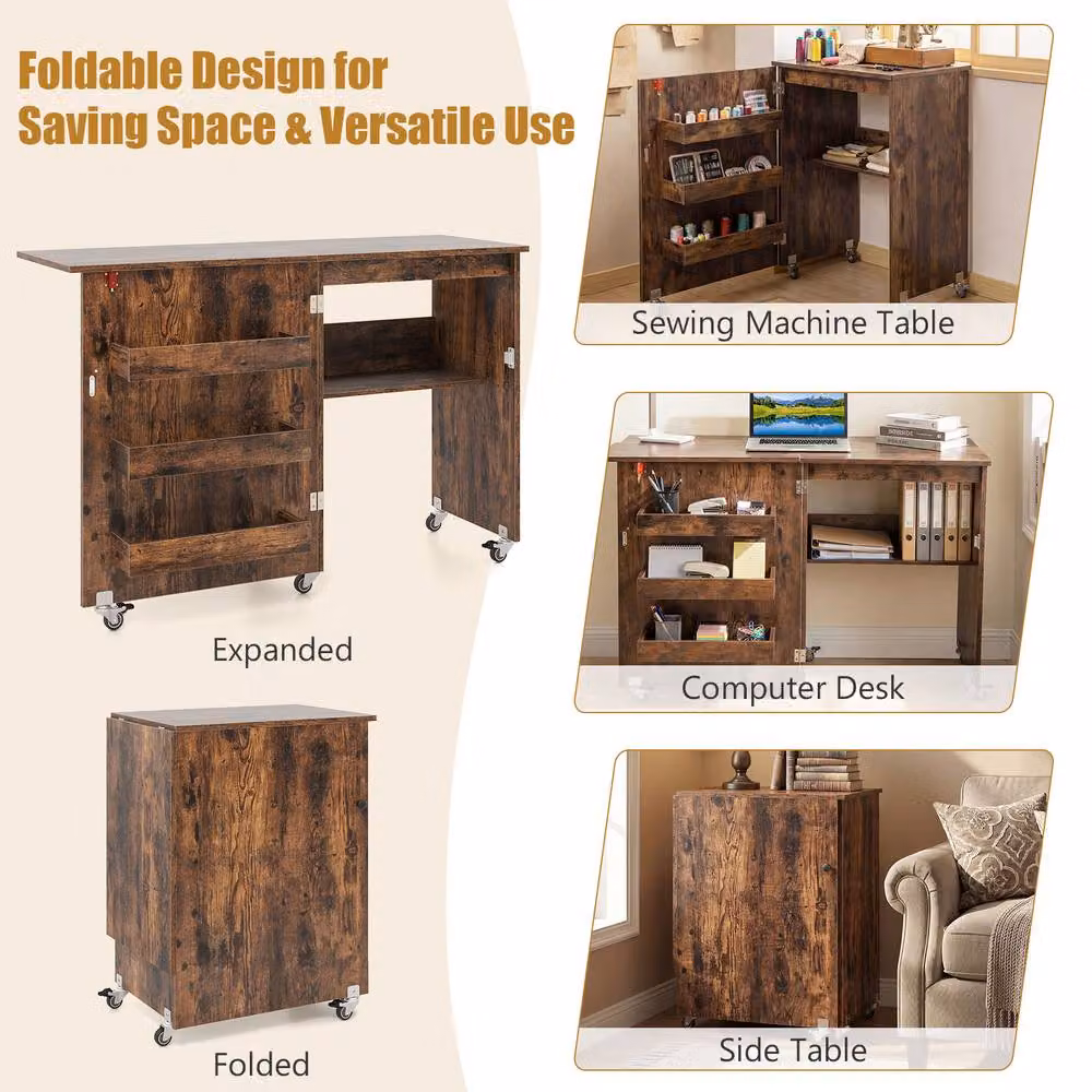 Costway Folding Sewing Table and Mobile Sewing Machine Desk with Castors, Brown – 5