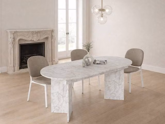 Vente-unique Extendable Round Dining Table in White Marble Effect with Central Column, Seating 6 to 10 People – 1