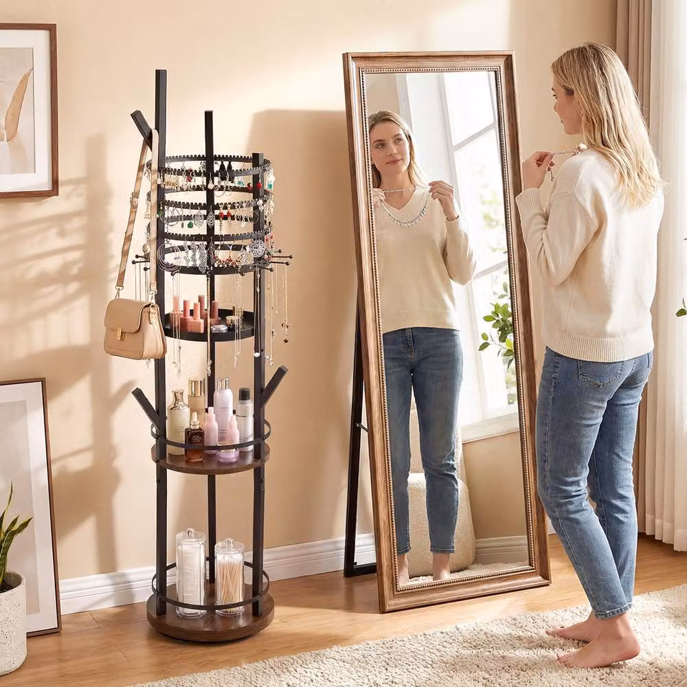 Costway Rotating Jewelry Display Tower with Earring and Necklace Holder in Brown – 4