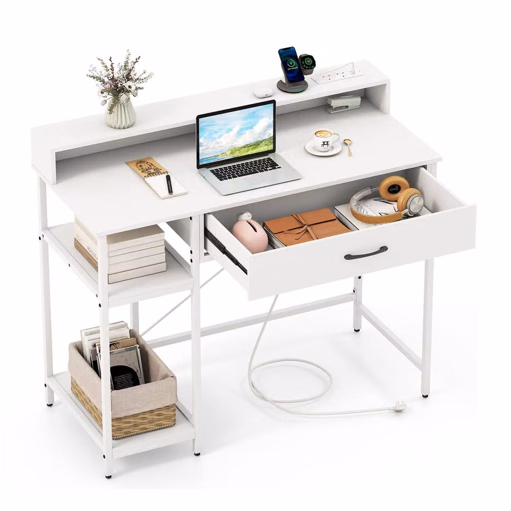 Costway White Wooden Computer Desk and Office Workstation with Power Outlets – 2