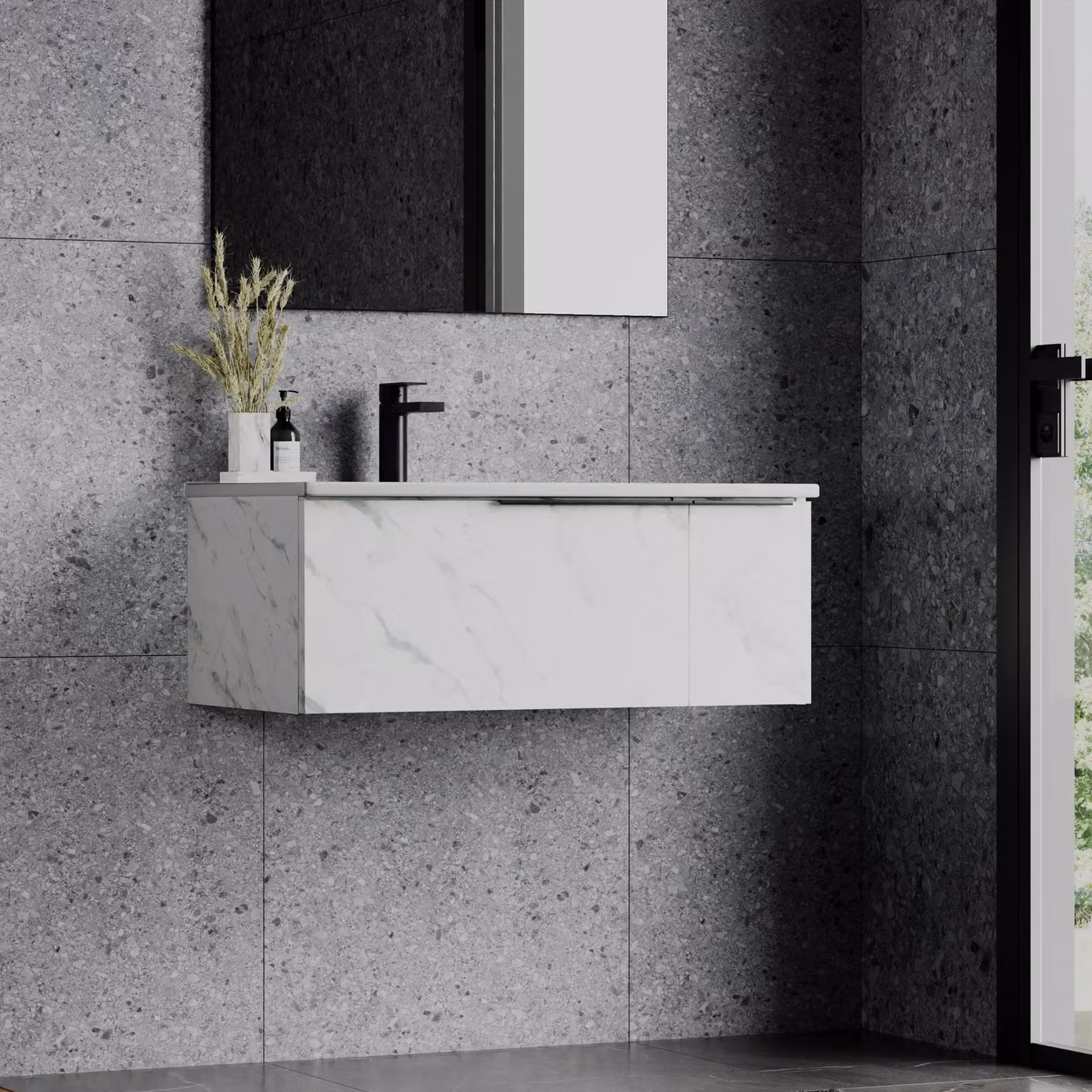 Banyetti Siena 800mm Wall-Hung Vanity Unit with Carrara Marble Top and Matt Black Handles in White – 3
