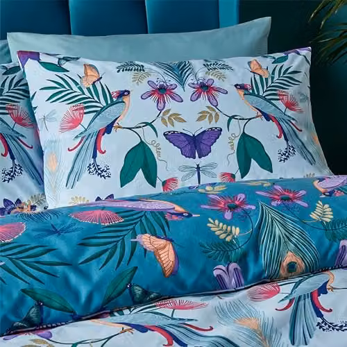 Catherine Lansfield Mya Tropical Floral Reversible Double Duvet Cover Set with Pillowcases in Duck Egg Blue – 2